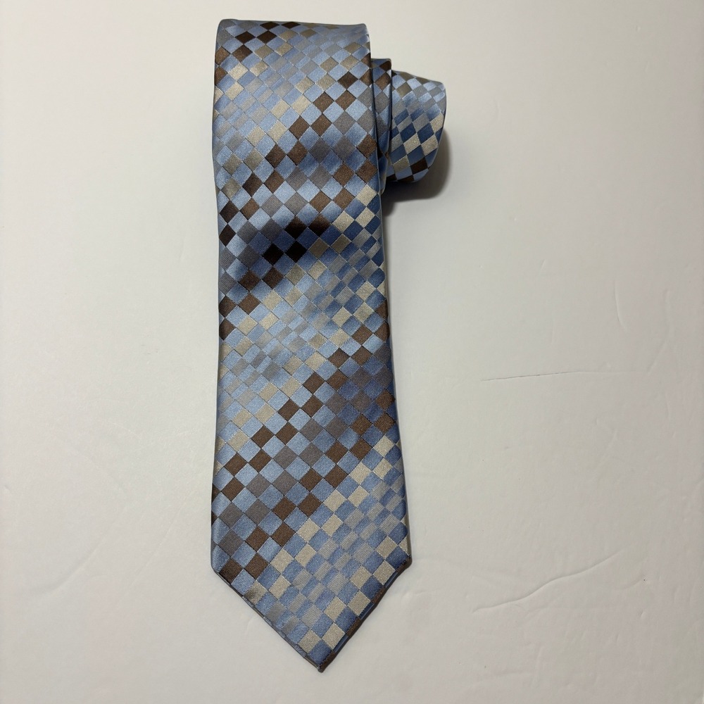 Kenneth Cole Reaction Men's Tie  Blue Brown Checkered Silk Blend Necktie